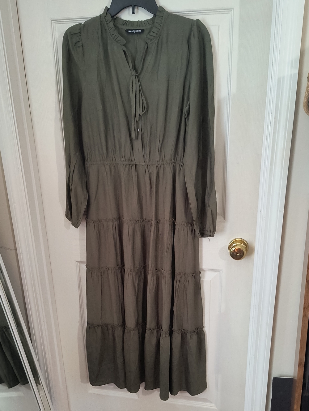 Long Tiered Maxi Dress with Tie Neck - Olive Green, New Without Tags